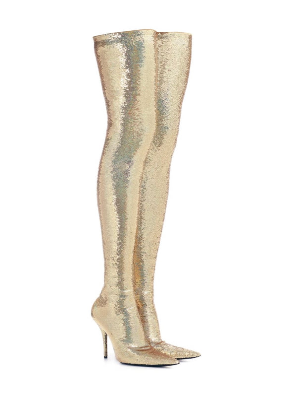 Balenciaga Gold Knife Over the Knee Sequined Boots