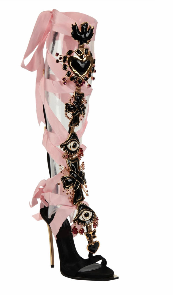 Dsquared2 Lace Up Embellished Treasure Satin Tall Sandals Heels